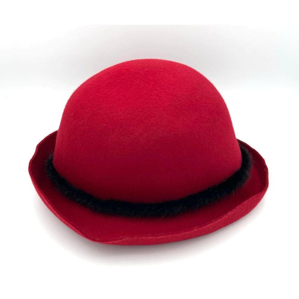 Vintage Liz Claiborne Red Wool Cloche Hat with Mink Fur Trim and Beaded Accent - Picture 7 of 14